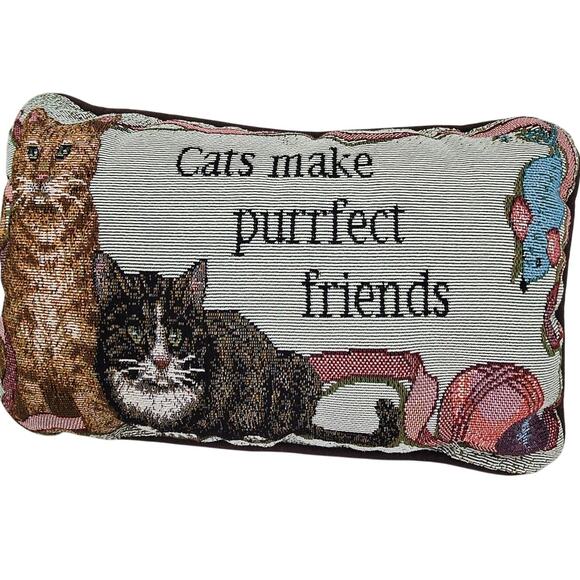 Vintage Cat Tapestry Pillow Cats Make Purrfect Friends Small Tabby Ribbon 11X7 - Picture 1 of 13